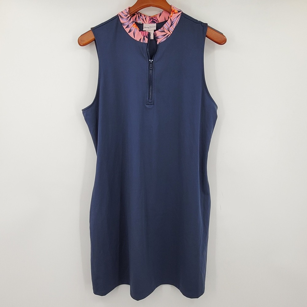 Tommy Bahama Golf Dress XL Blue Quarter Zip Sleeveless Floral Trim Pickleball
